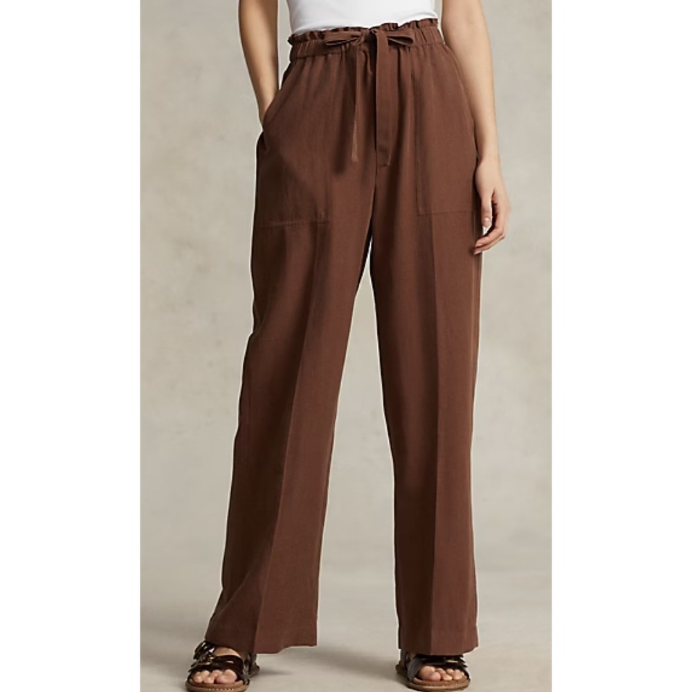 Polo Ralph Lauren Silk Linen Wide Leg Pants Brown Drawstring Trousers Womens L